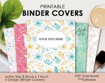 May include: Five printable binder covers featuring floral designs in shades of pink, blue, green, and yellow. The covers are 8.5 inches by 11 inches and are editable.