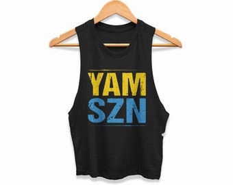 YAM SZN Crop Top Womens It's Yam Season Cropped Tank 6-45 Inspired Coach Challenge Group Shirt Gift | Yellow Blue Edition