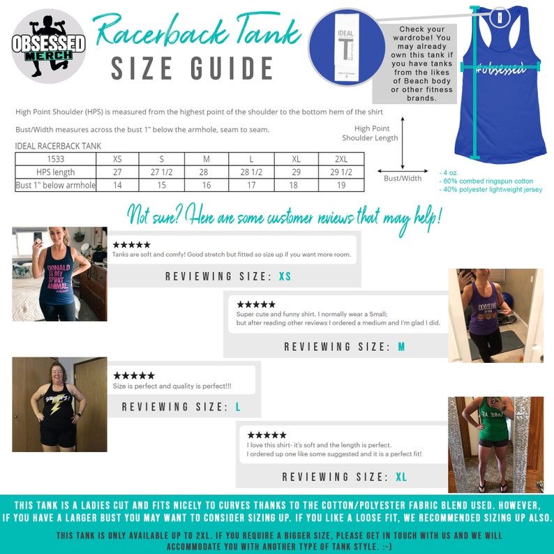 May include: A size guide for a racerback tank top, featuring measurements in inches and customer reviews. The guide includes a blue tank top with the word "#obsessed" and the brand logo. The tank is made of a cotton/polyester blend.