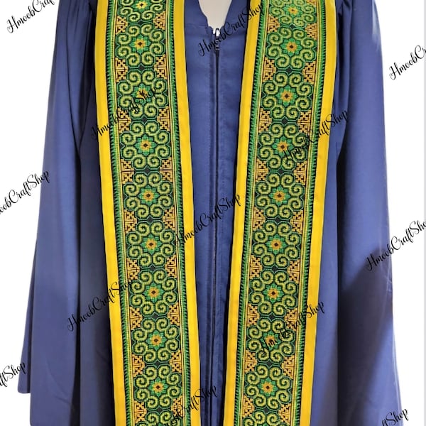 Hmong embroidery trim graduation stole (green&yellow)