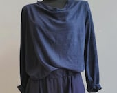 dunkelblaues Leinen Longsleeve für Damen, lockeres Designer Shirt für den Sommer Alltag, Casual Outfit