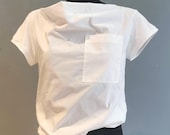 T-Shirt Damen weiß - Materialmix, locker, modern, drapiert, Designer Shirt für Freizeit und Büro, Viskose Jersey