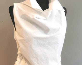 Mouwloze blouse/shirt voor dames, wit - katoen, gedrapeerd, modern, avant-garde, met kraag, geschikt voor op kantoor, minimalistisch, elegant, designerblouse