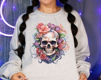 Floral Skeleton Halloween Sweatshirt, Boho Skull Crewneck