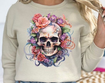 Boho Halloween Floral Skeleton Sweatshirt, Floral Skull Sweatshirt, Boho Skull Sweater, Halloween Floral Shirt, Fall Skeleton Sweatshirt