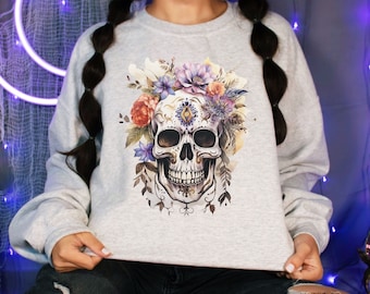 Halloween Floral Skull Sweatshirt: Boho Skeleton Crewneck