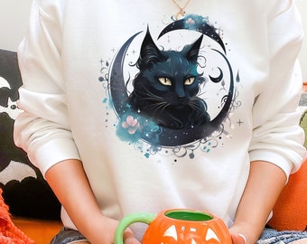 Black Cat Halloween Sweatshirt: Retro Style Unisex Crewneck