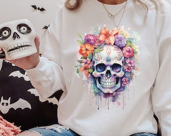 Halloween Floral Skull Sweatshirt: Boho Skeleton Crewneck