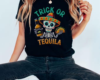Trick or Tequila Shirt, Funny Halloween Shirt, Skeleton Taco Shirt, Tequila Shirt, Taco Lover Shirt, Spooky Season Tee, alloween Party Shirt