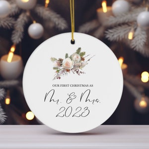 First Christmas Married Ornament, Mr and Mrs Christmas Bouquet Ornament, Our First Christmas Married as Mr and Mrs Ornament - Personalized