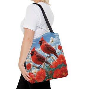 Red Cardinal Tote Bag, Floral Tote Bag, Summer Flower Tote Bag, Wildflower Print, Floral Tote, Gift For Her, Birthday Gift For Her, Mom Gift