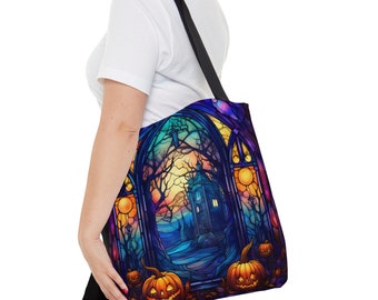 Spooky Halloween Tote Bag: Pumpkin & Haunted House Design