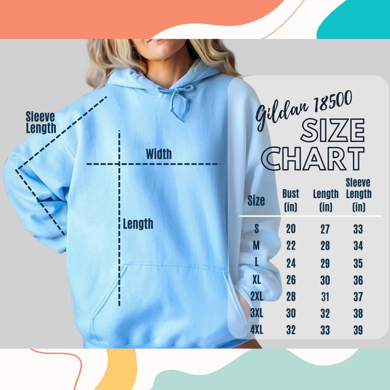 May include: A size chart for Gildan 18500 hoodies, showing measurements in inches for bust, length, and sleeve length for sizes S through 4XL.
