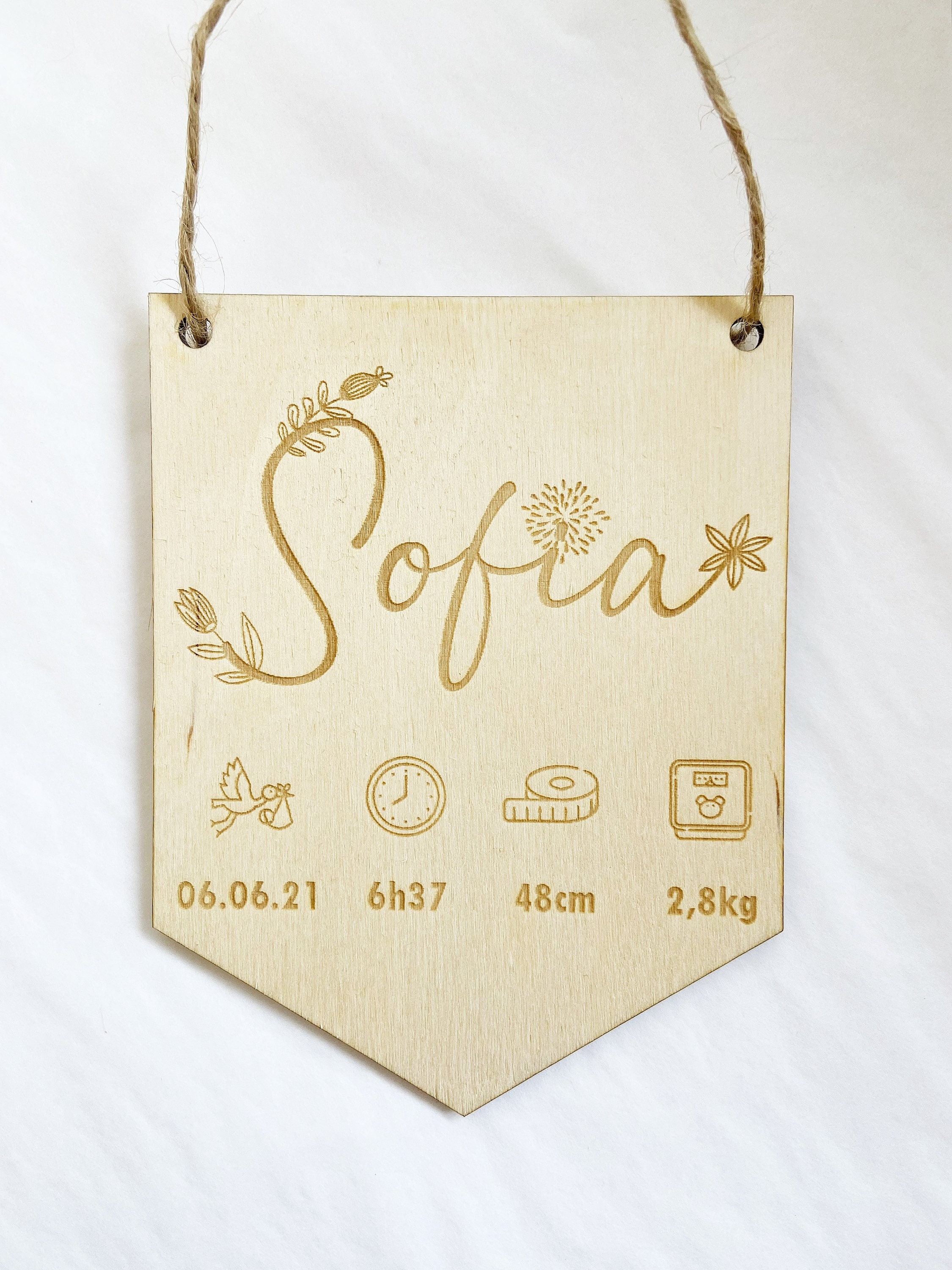 Fanion de Naissance, Bébé, Prénom, Gravure sur Bois, Décoration Chambre Enfant, Cadeau