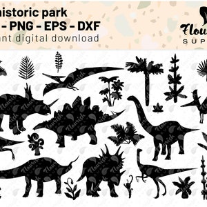 Dinosaurier + Pflanzen ""Prehistorischer Park"" Vektor Stencil Clipart Digital Cut Datei für Abziehbild Vinyl SVG DXH PNG eps Bundle."