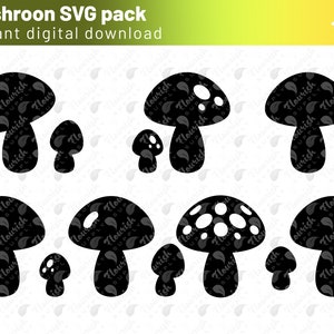 May include: A set of eight black and white mushroom SVG files. The mushrooms are in various sizes and have different patterns of white dots.