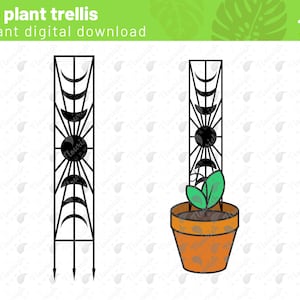 Puede incluir: Diseño SVG en blanco y negro de un enrejado para plantas con un diseño de fases lunares. El enrejado se muestra con una planta en maceta con hojas verdes.