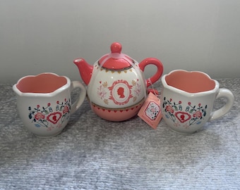 NWT Bridgerton Coral Ceramic Teapot "Tea for One" Stacking Teapot and Teacup Set
