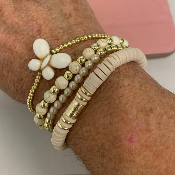 Ivory & Gold Butterfly Bracelet Stack, Heishi Bracelet Stack, Beaded Bracelet Stack, Boho Jewelry, Personalized Gifts, Stackable Bracelets