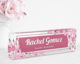 Custom Name Plates for Desk, Ideal Office Decoration for Men and Women, Clear Acrylic Desk Name Plate (8" x 2.5") (Pink Floral)