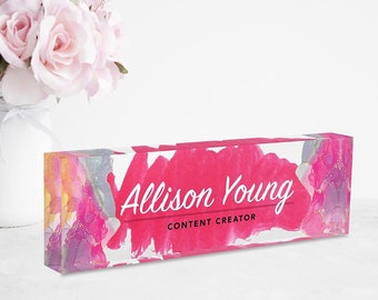 Custom Name Plates for Desk, Ideal Office Decoration for Men and Women, Clear Acrylic Desk Name Plate (8" x 2.5") (Pink Glamour)