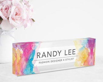 Custom Name Plates for Desk, Ideal Office Decoration for Men and Women, Clear Acrylic Desk Name Plate (8" x 2.5") (Rainbow Mirage)