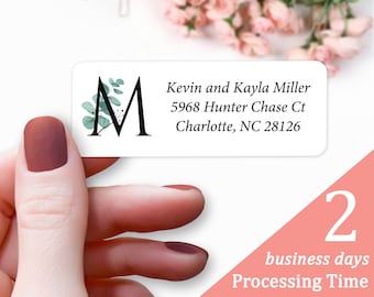 Return Address Labels - Eucalyptus Monogram Custom Address Label, Personalized Return Mailing Stickers for Envelopes, White Labels