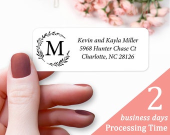 Return Address Labels - Wreath Monogram Custom Address Label, Personalized Return Mailing Stickers for Envelopes, Clear or White Labels