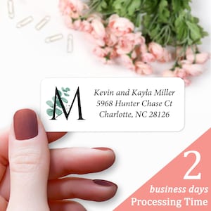 Return Address Labels - Eucalyptus Monogram Custom Address Label, Personalized Return Mailing Stickers for Envelopes, White Labels