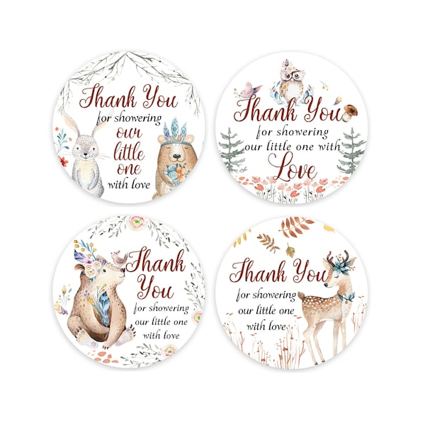 Woodland Animals Thank You Baby Shower Stickers - Set of 80 Party Favor Stickers, Self Adhesive Flat Sheet 2 Inch Round Labels Theme Party