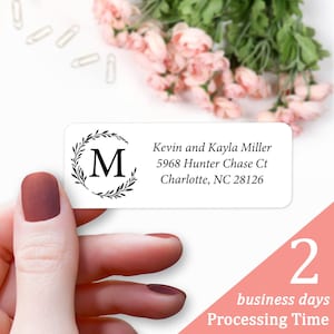 Return Address Labels - Wreath Monogram Custom Address Label, Personalized Return Mailing Stickers for Envelopes, Clear or White Labels