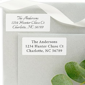 May include: Two white address labels with black text. The text on the labels reads "The Andersons 1234 Hunter Chase Ct Charlotte, NC 56789".