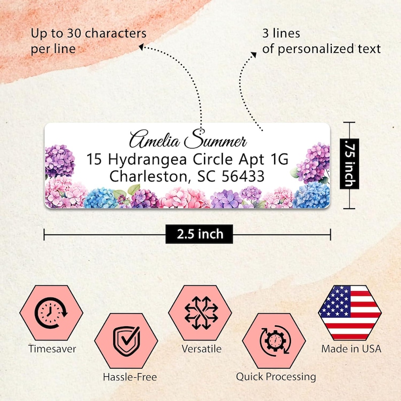 May include: A white return address label with a floral design featuring hydrangeas in shades of pink, purple, and blue. The label is 2.5 inches wide and 0.75 inches tall. The text on the label reads "Amelia Summer, 15 Hydrangea Circle Apt 1G, Charleston, SC 56433".