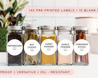 160 Minimalist Spice Jar Labels for Spice Cabinet, Preprinted Herb