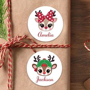 Personalized Reindeer Christmas Name Labels - Custom Kids Gift Label Stickers Christmas Stickers Sheet, Personalized Holiday Gift Labels