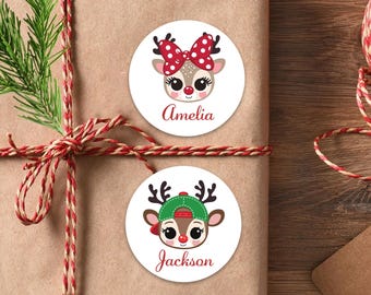 Personalized Reindeer Christmas Name Labels - Custom Kids Gift Label Stickers Christmas Stickers Sheet, Personalized Holiday Gift Labels