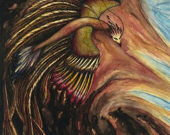 May include: Watercolor painting of a phoenix in flight. The bird has detailed feathers in shades of brown, gold, red, and yellow. The background features swirling earth tones and a hint of blue sky.
