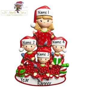 May include: A red and white Christmas ornament featuring a family of four in red pajamas with white polka dots. The ornament includes the text "Name 1", "Name 2", "Name 3", "Name 4", "Year", and "Banner".