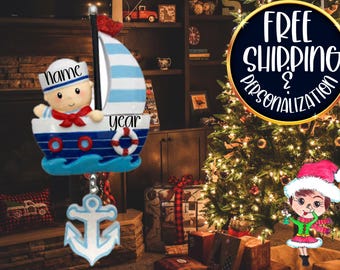 Sailor Boy Christmas Ornament | Personalized Nautical Ornament | Baby's First Christmas | Custom Name | Free Shipping | 2025 Keepsake Gift