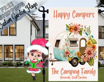 Happier Camper,Happy Camper Flag,Custom Garden Flag,Floral Camper Flag,Campsite Flag,Camping RV Flag,Camping Garden Flag,Camper Garden Flag