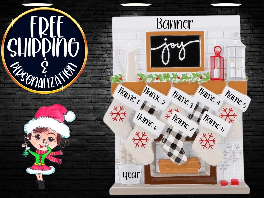 Personalized Family Fireplace Ornament,family of 8 Ornament,family