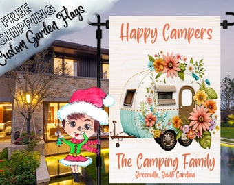 Happier Camper,Happy Camper Flag,Custom Garden Flag,Floral Camper Flag,Campsite Flag,Camping RV Flag,Camping Garden Flag,Camper Garden Flag