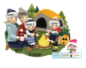 Adorno personalizado de carpa navideña para acampar para familia de 4 personas/adorno para campista/adorno para acampar/campista feliz/regalo para acampar/adorno para campista feliz