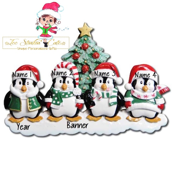 Personalized Christmas Table Topper Penguin Tree Family of 4 Free Shipping  