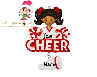 Personalized Christmas Ornament Red Cheerleader/ African American/ Tan/ Cheer/ Pom Pom/ Girls + Free Shipping!