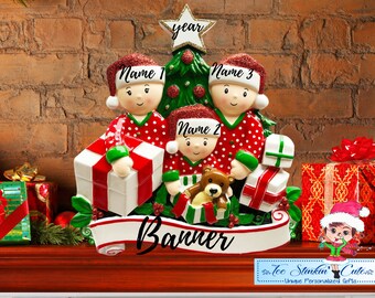 Table Topper Pajama Family Opening Presents Family of 3 Personalized Christmas Table Topper