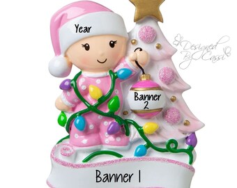Christmas Ornament Girl Decorating Tree /Children Kids Toddler 1st Christmas- Personalized + Free Shipping!