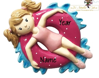 Christmas Ornament Girl on Inner Tube/ Swimming/ pool lake ocean /Children Beach Kids - Personalized + Free Shipping!
