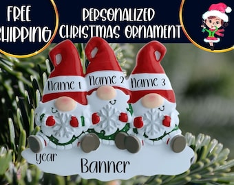 Kabouterfamilie van 3 Gepersonaliseerd kerstornament|Gnoomornament|Kabouterornament||Gnoomornament|Aangepast kabouterornament|Gnoomboom