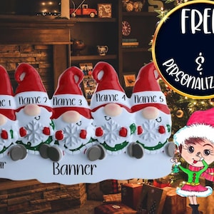 Gnome Family of 5 Personalized Christmas Ornament|Gnome Ornament|Christmas Gnome||Gnomes Ornament|Custom Gnome Ornament|Gnome Tree